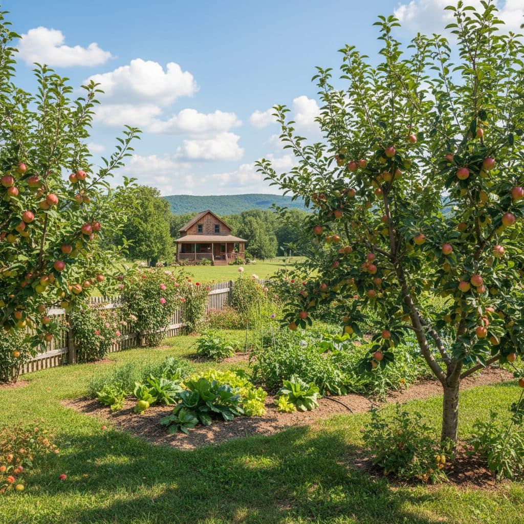 A small, well-maintained fruit tree orchard on a US homestead, with young apple and pear trees under a clear sky.