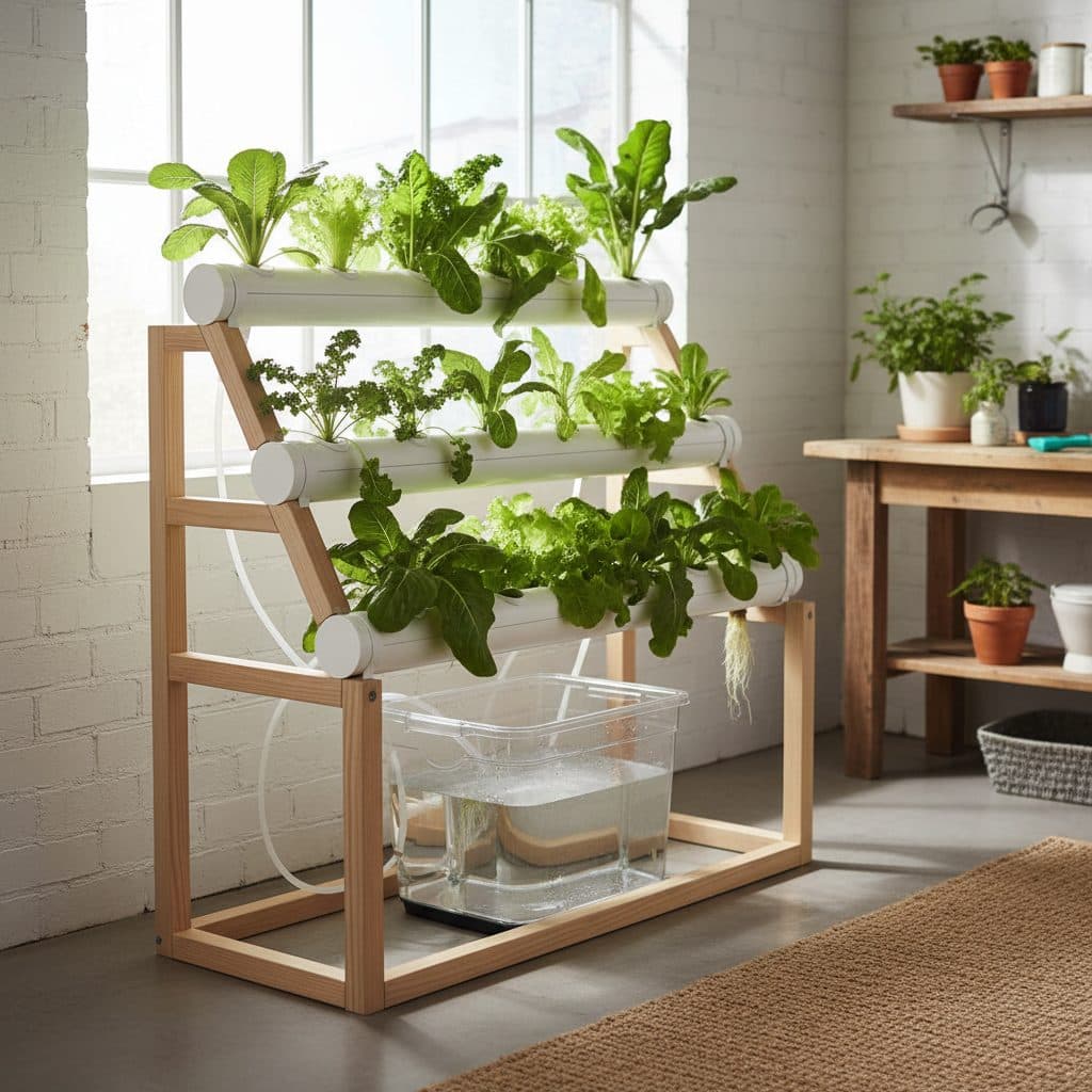 A home Nutrient Film Technique system with vibrant green lettuce growing in white PVC channels, illuminated by grow lights in an indoor setting.