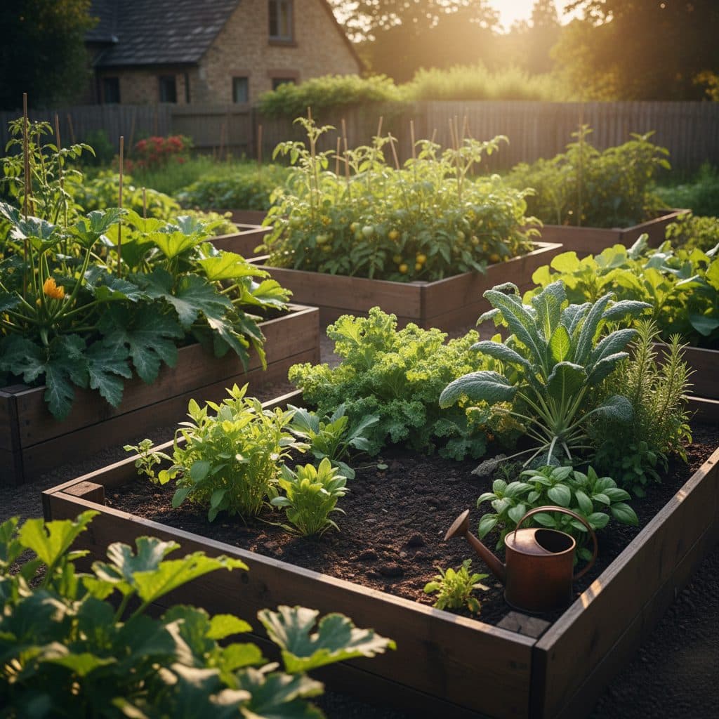 A US homestead vegetable garden at dusk, with a soft headlamp beam highlighting rows of plants, ready for nighttime pest patrol.