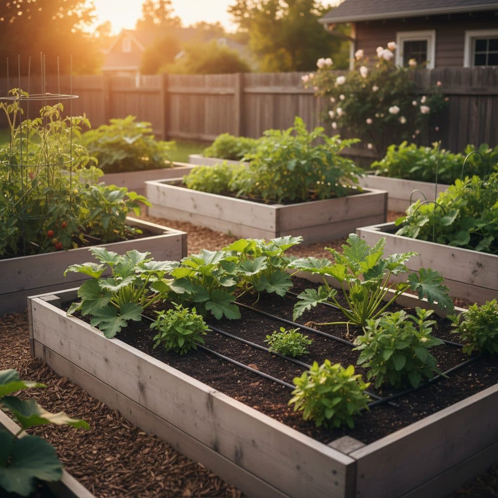 A severely parched garden bed with cracked soil and wilting plants under intense sunlight.