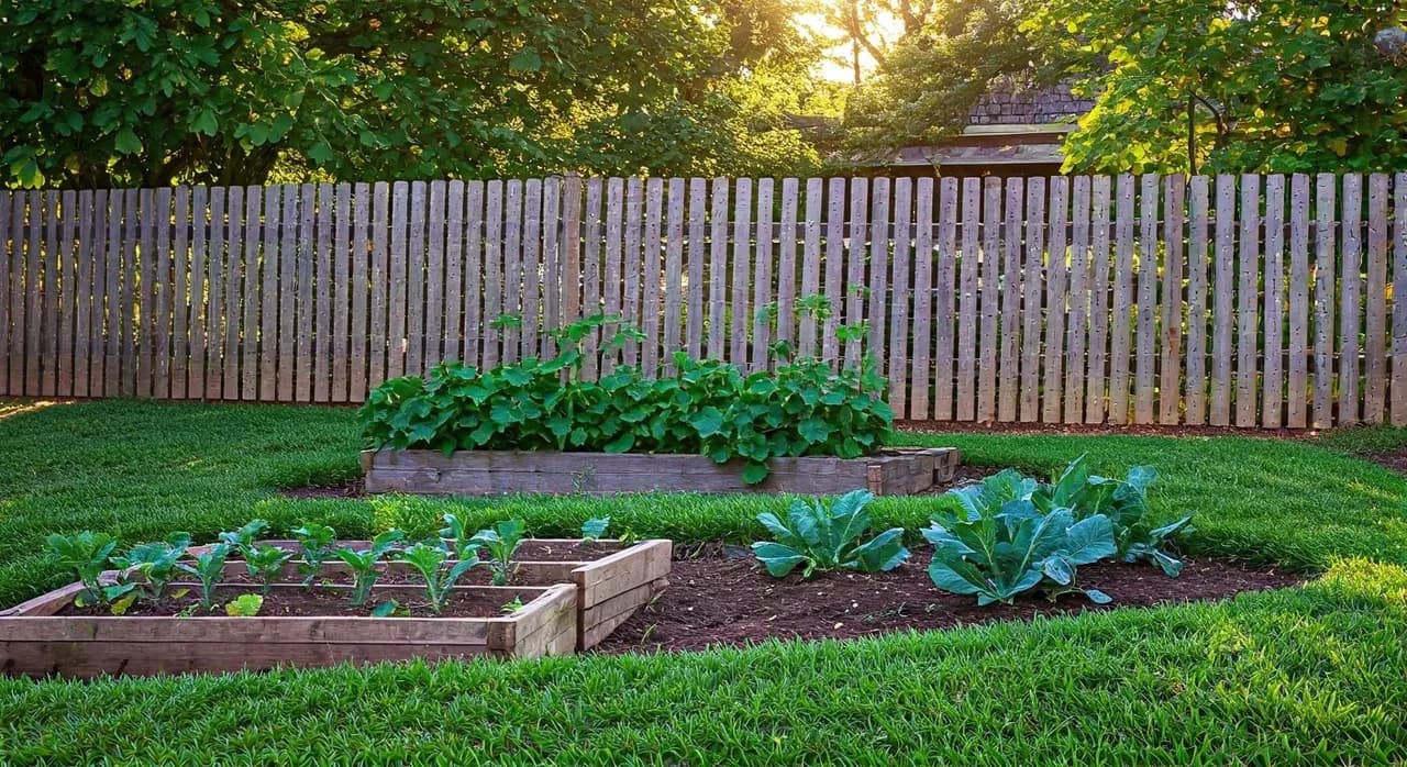 A thriving no-dig garden bed filled with various vegetables, bordered by a wooden fence, under soft morning light in a US homestead.
