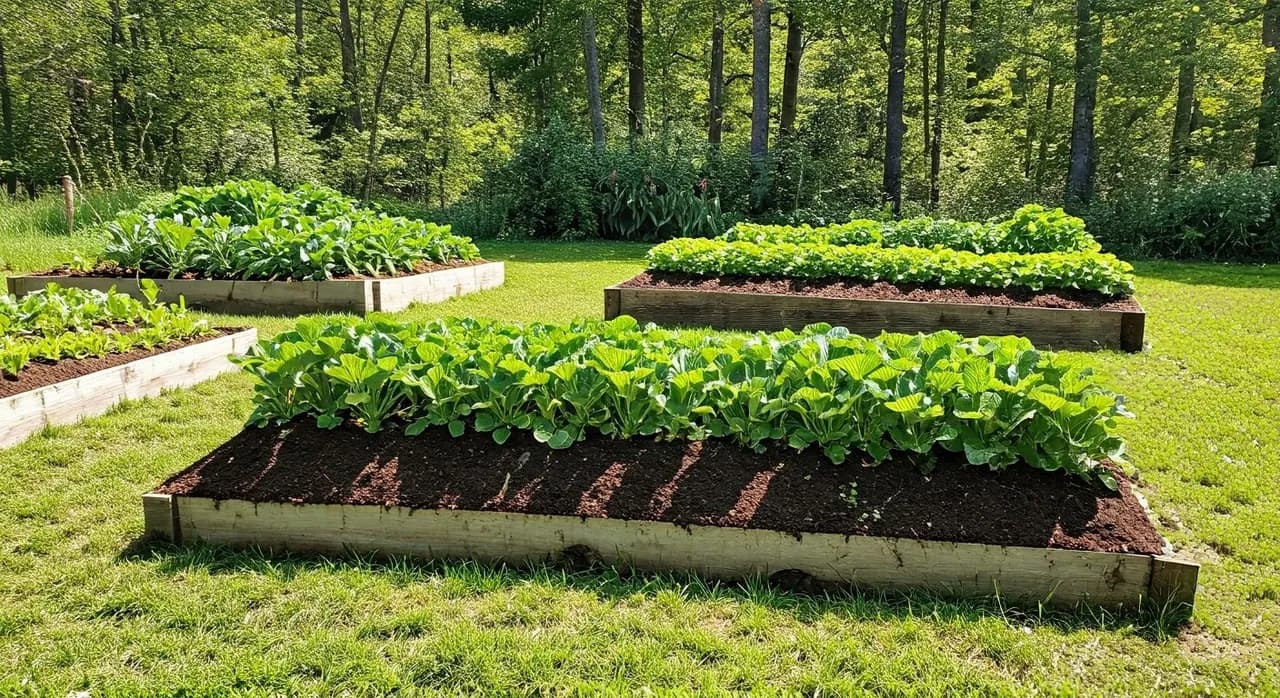 No-dig garden beds in a US homestead, showing layers of organic matter and thriving plants in a temperate climate
