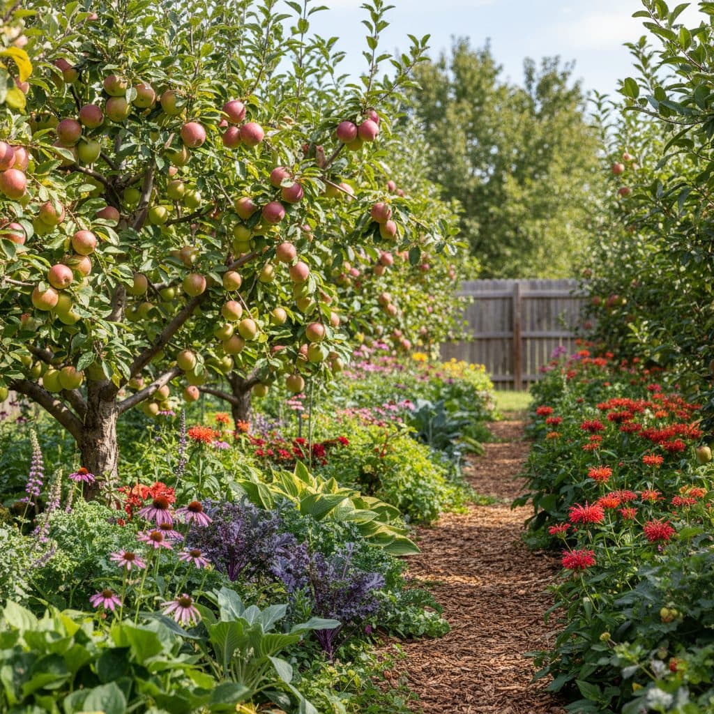 A vibrant backyard orchard in USDA Zone 6, with apple and peach trees laden with healthy fruit, surrounded by beneficial underplantings.