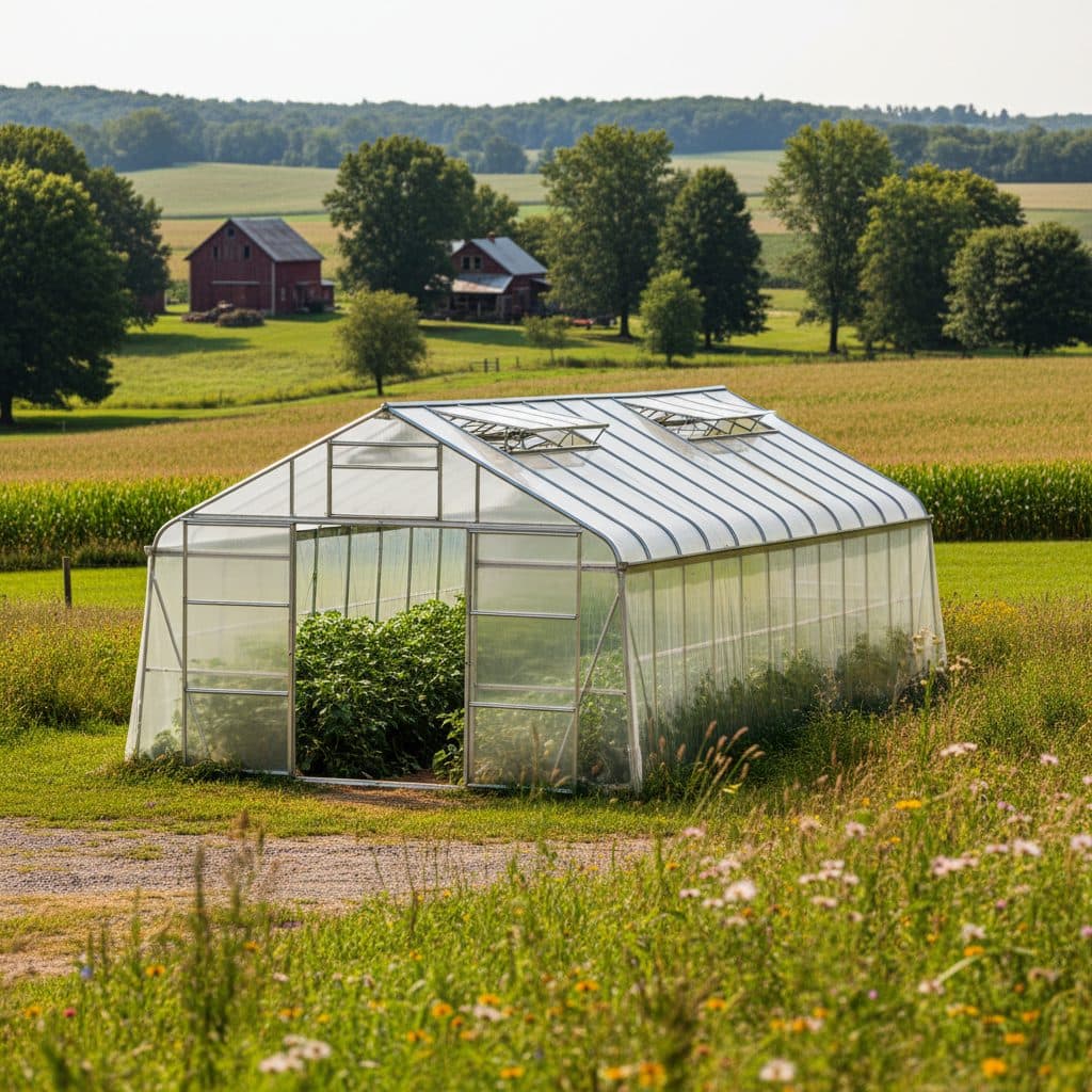 A high-tunnel greenhouse with open roll-up sides and a ridge vent, showcasing passive ventilation on a sunny summer day.