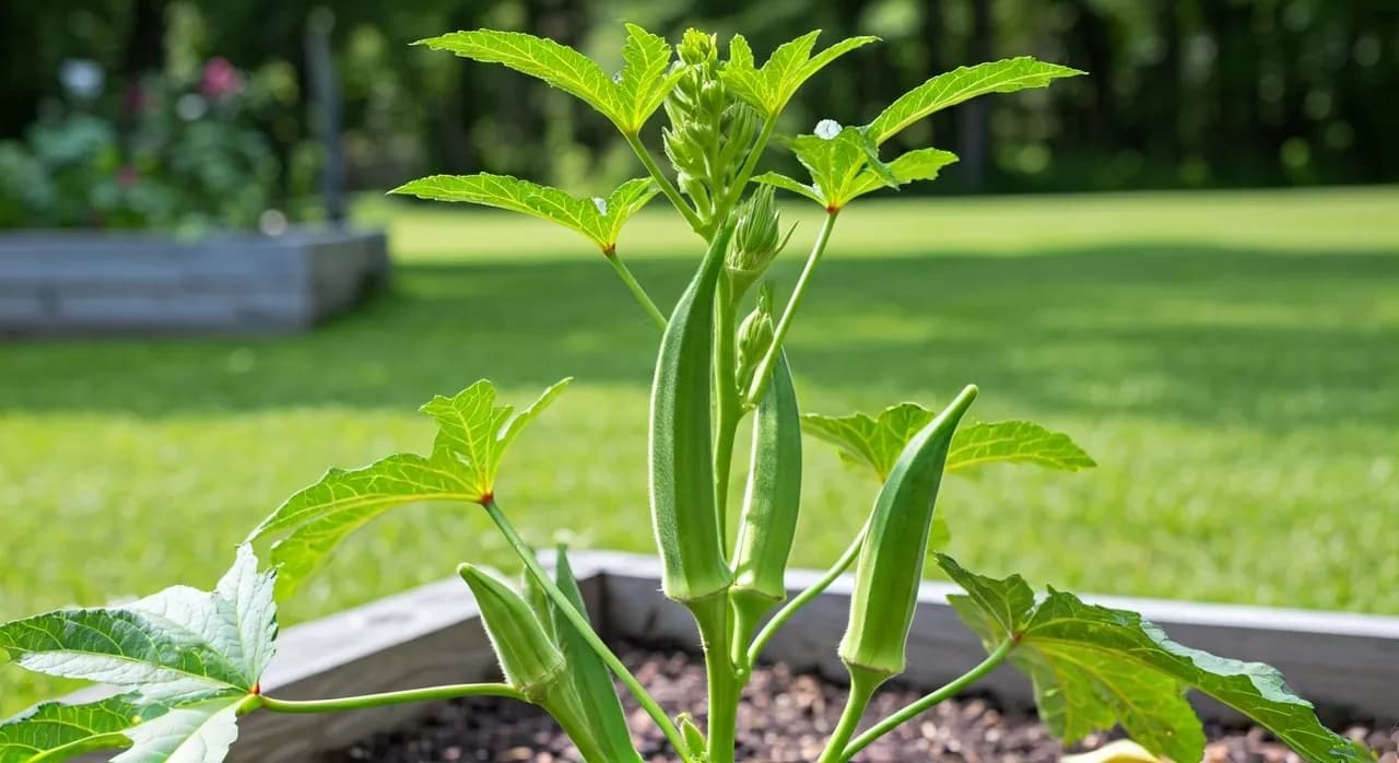 Okra plants with green pods growing in a raised garden bed in a sunny northern garden.