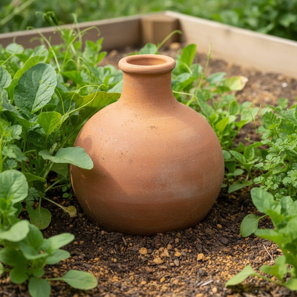A thriving US homestead garden with visible terracotta olla rims buried among lush vegetable plants under bright sunlight.