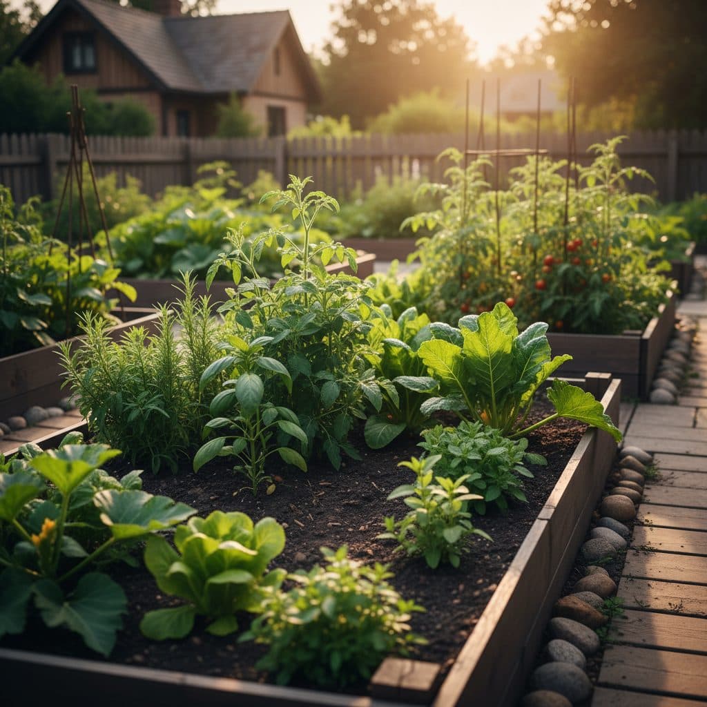A thriving garden bed in a high-desert homestead, with several olla necks visible among green, drought-tolerant plants. Mountains rise in the distance under a clear blue sky.