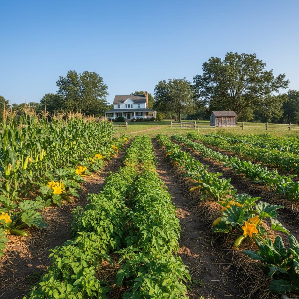 Rows of vibrant organic vegetables thriving in a well-maintained garden on a US homestead.