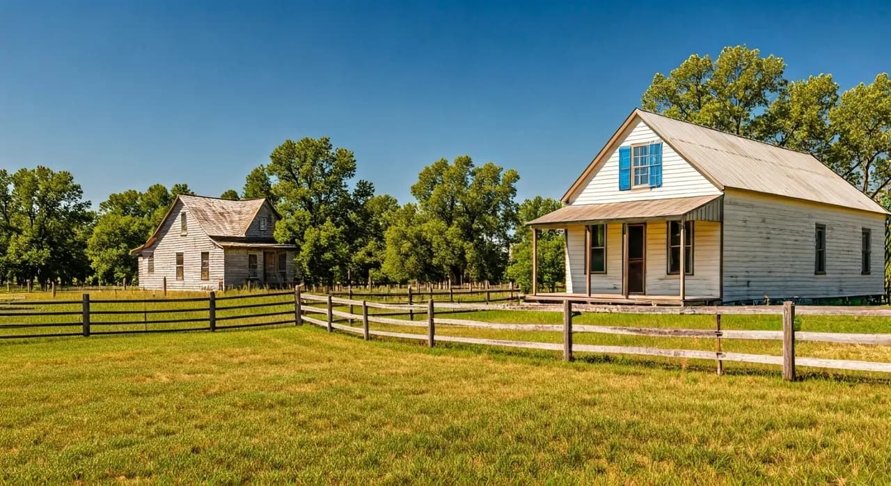 A peaceful homestead in the American countryside with rows of green plants under a clear sky, an old barn in the background.