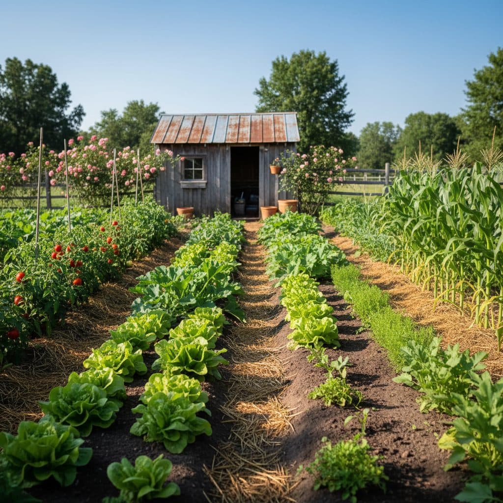 A sunny homestead garden with neat rows of various vegetables, showcasing both mature plants and young seedlings, under a clear blue sky.