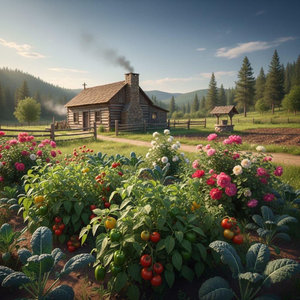 A thriving organic garden with lush tomato, pepper, kale, and rose plants under the US sun.