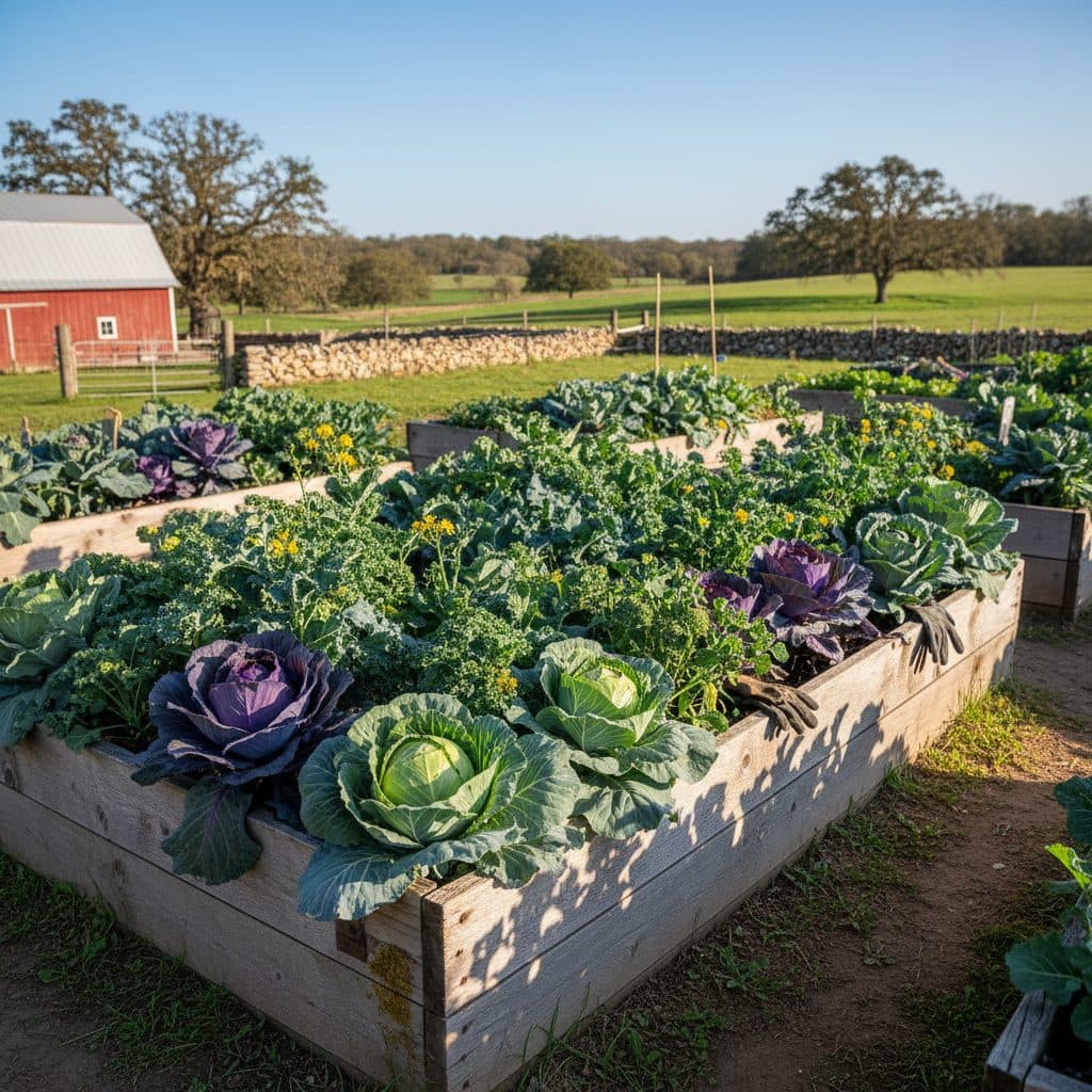 A vibrant raised garden bed filled with healthy brassica plants, indicating successful organic pest management.