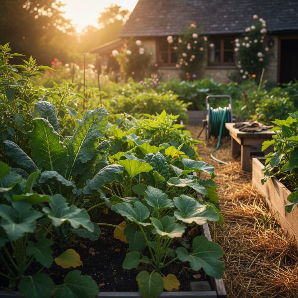 A thriving US homestead garden with heat-tolerant vegetables like peppers and okra in raised beds, mulched to retain moisture and regulate soil temperature.