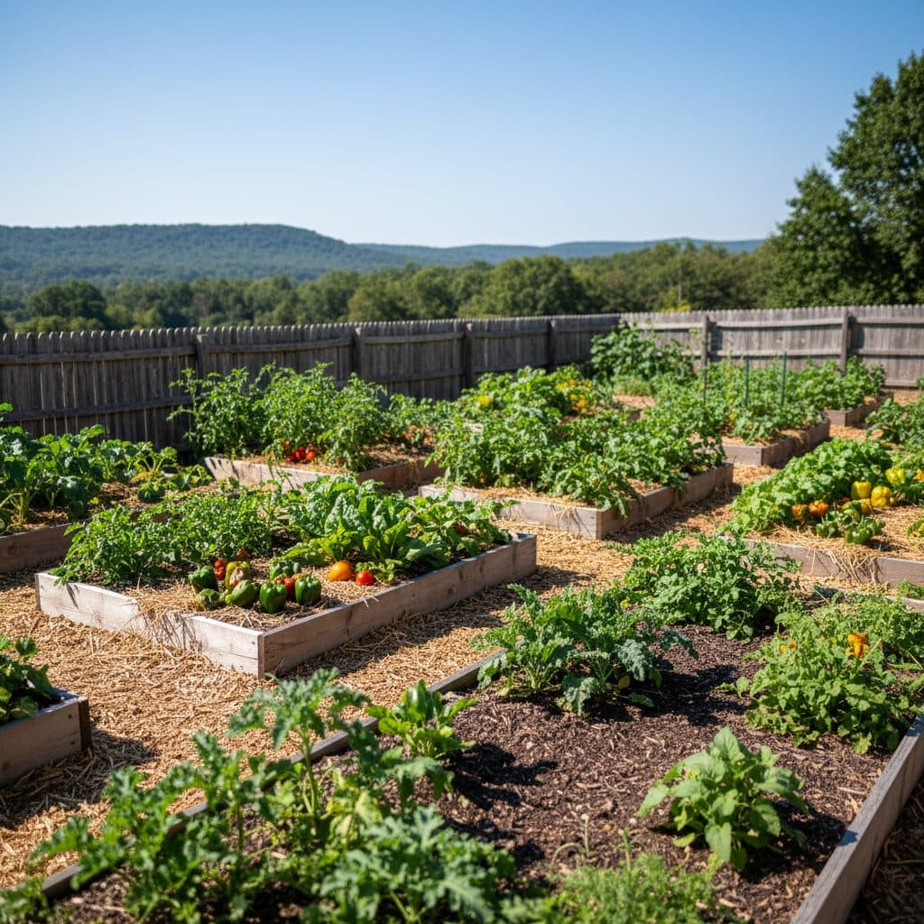 A flourishing organic vegetable garden with rich, dark soil visible between rows of healthy plants in a USDA zone 6 homestead.