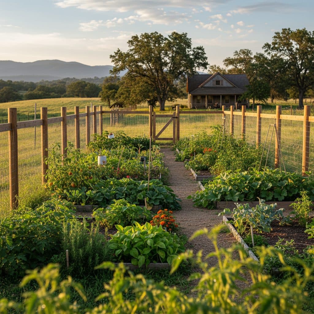 A well-maintained organic garden in a US homestead, protected by a tall deer fence against a backdrop of green fields.