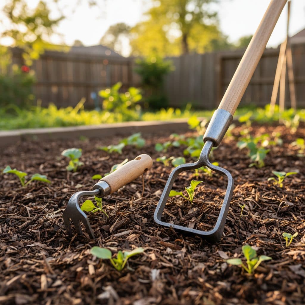 Organic garden bed with straw mulch, gravel path, and healthy lawn