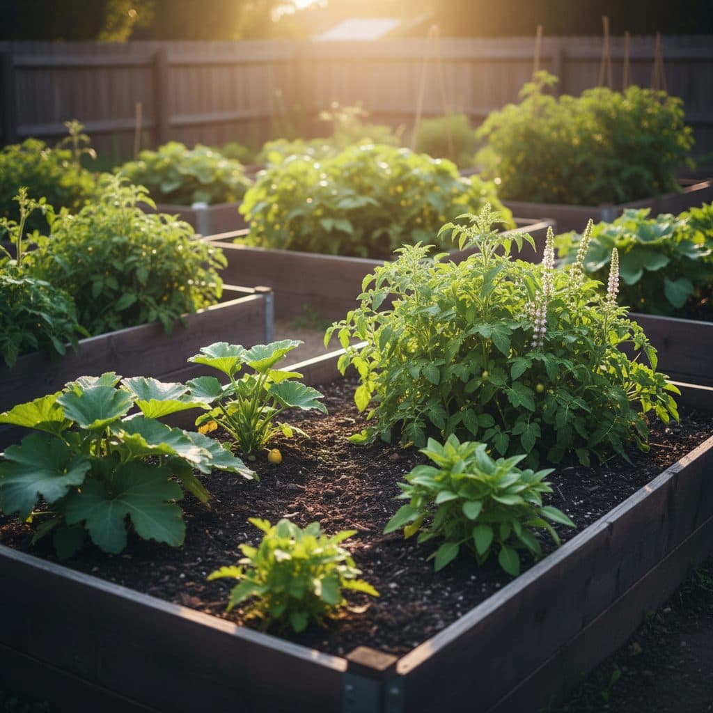 A rustic wooden shed on a small US homestead, surrounded by a vegetable garden and fruit trees under a clear sky.