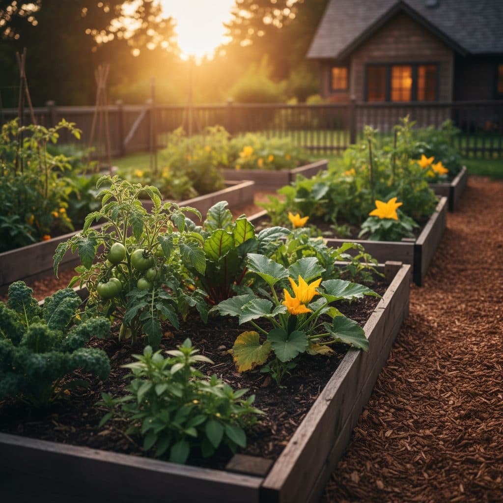 A thriving garden with visible drip irrigation lines and a thick layer of mulch, bathed in soft morning light.