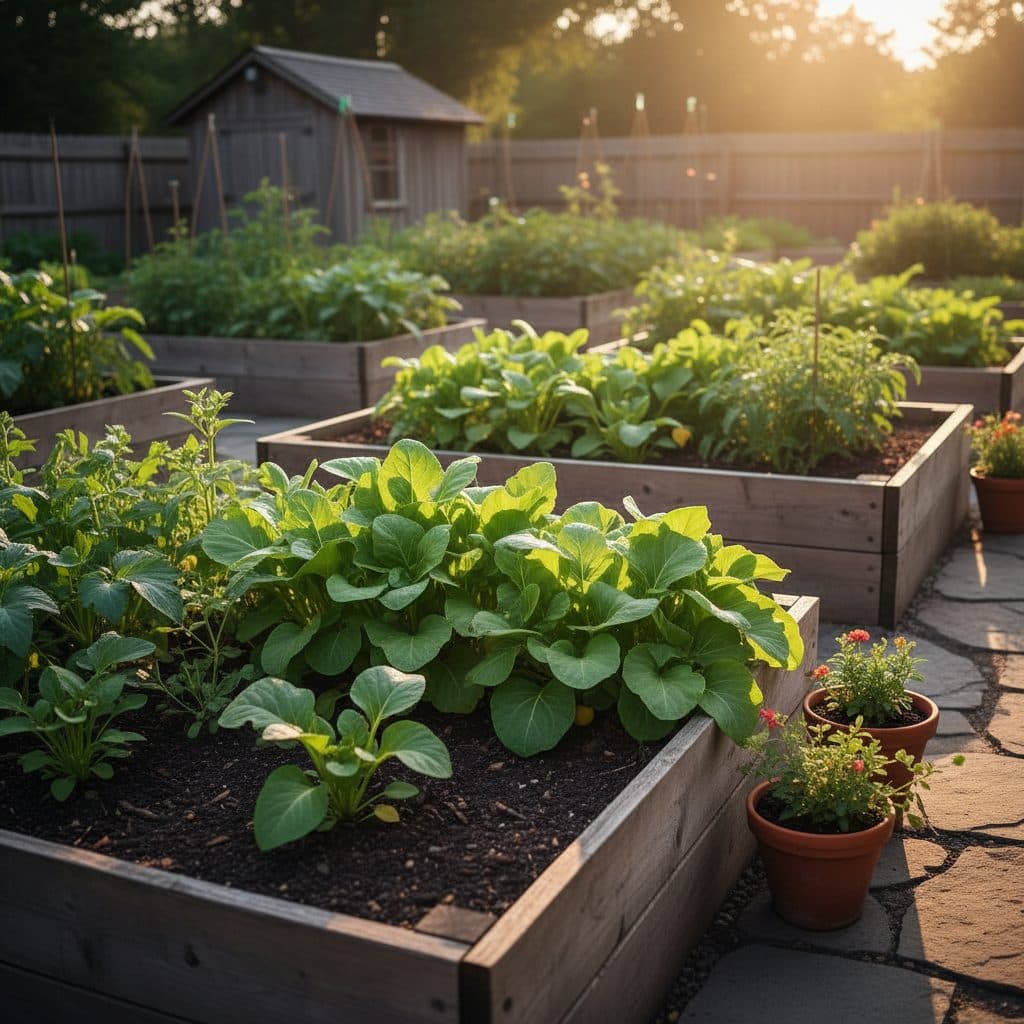 A peaceful homestead scene with a small, thriving herb garden in the foreground and a rustic wooden fence.
