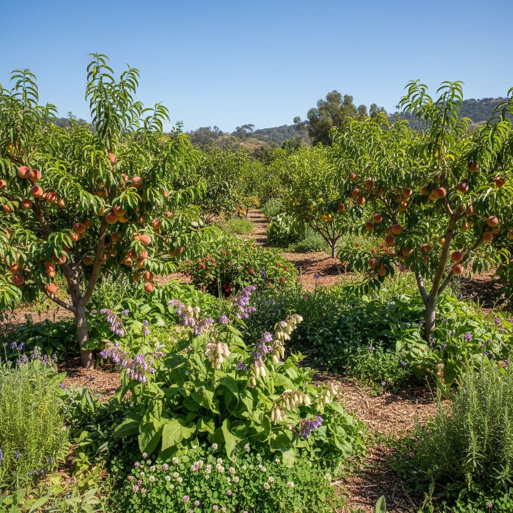 A flourishing peach tree guild in a warm US climate, with diverse companion plants.
