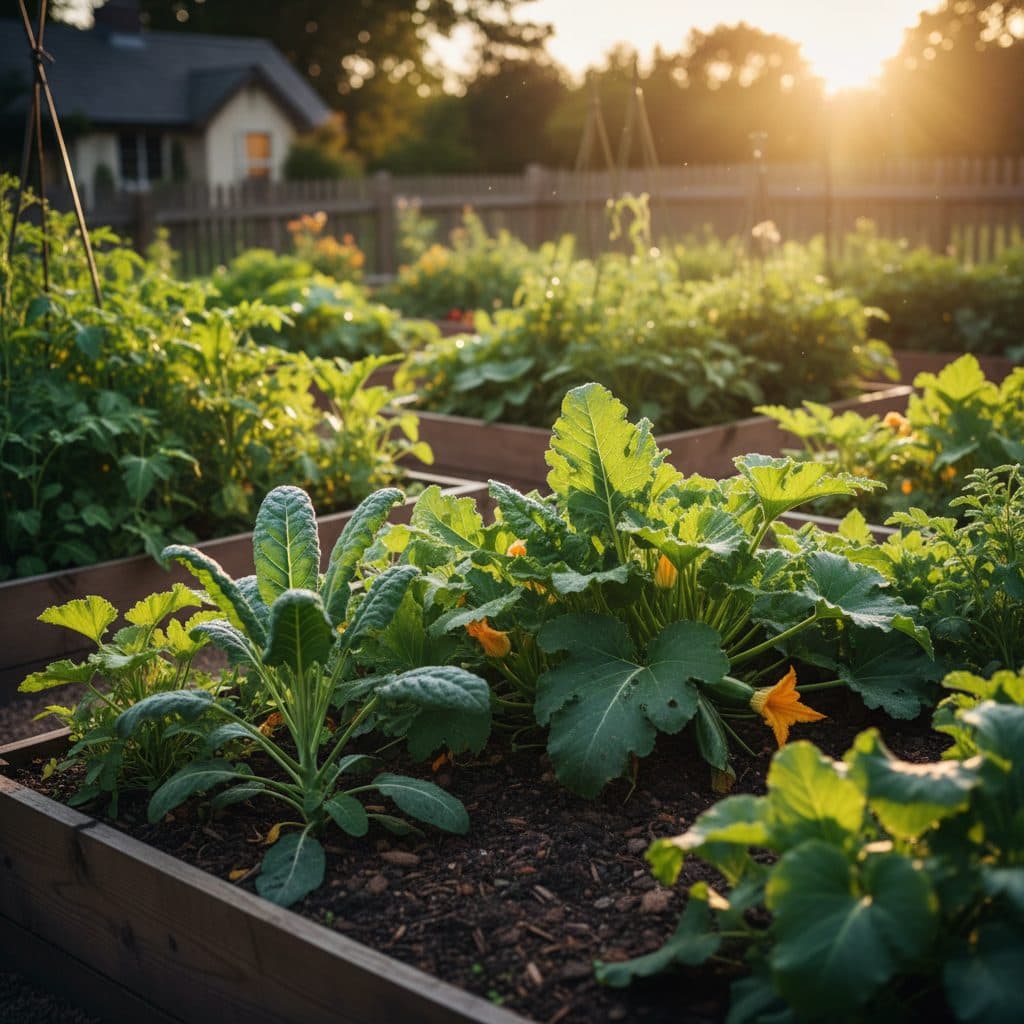 Healthy pepper plants with green fruits in a sunny US garden bed in the morning.