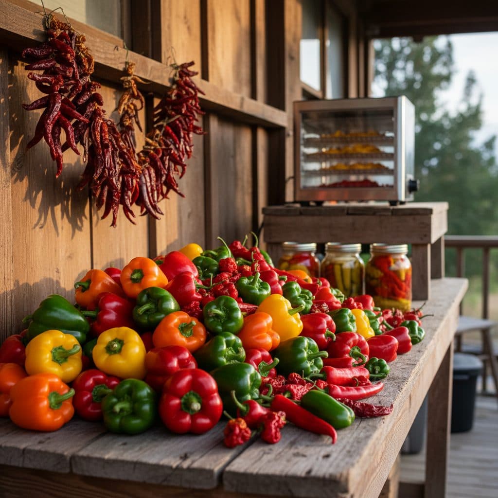 A vibrant display of fresh and preserved peppers on a rustic table, ready for storage.