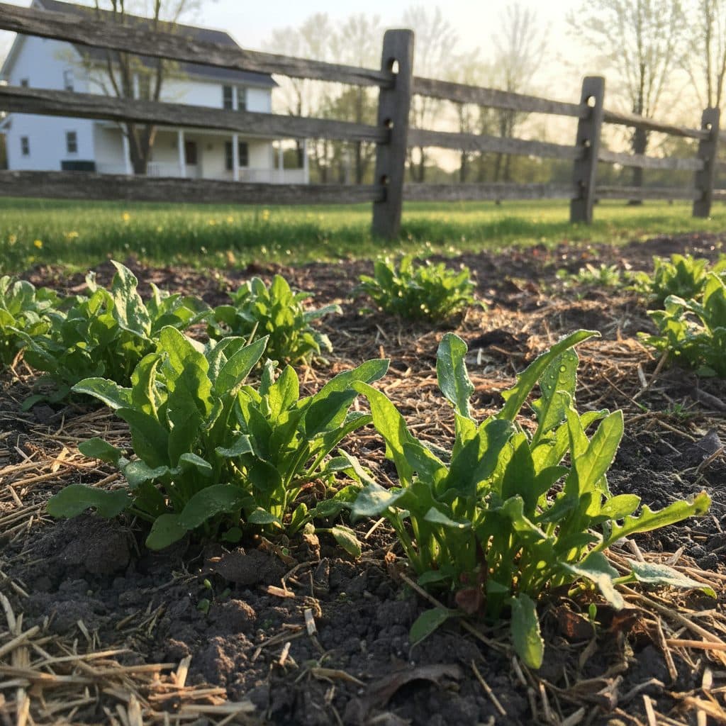 Early spring garden bed with fresh green sorrel and Good King Henry leaves emerging.