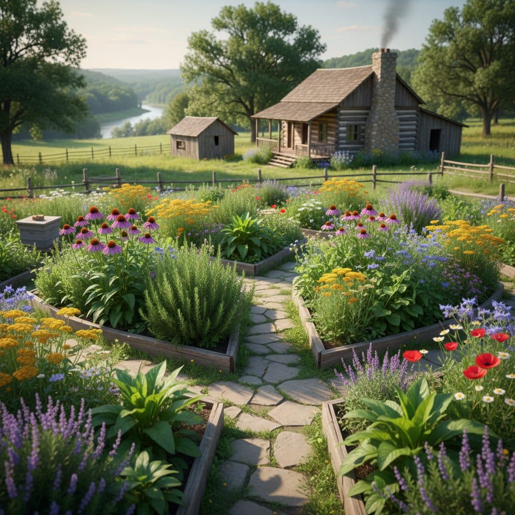 A vibrant medicinal herb garden on a US homestead, featuring a mix of blooming annuals and established perennial herbs under bright sunlight.