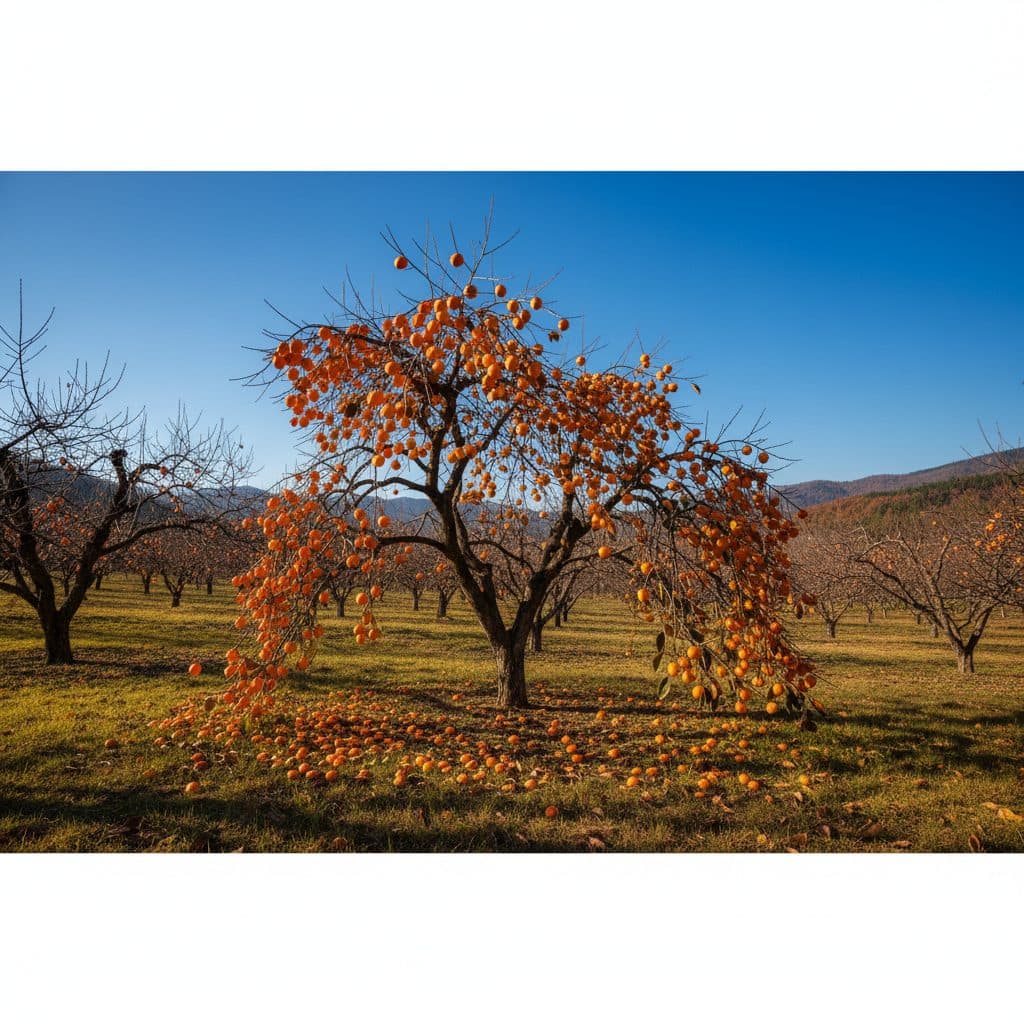 A mature persimmon tree with bright orange fruit in an autumn orchard.