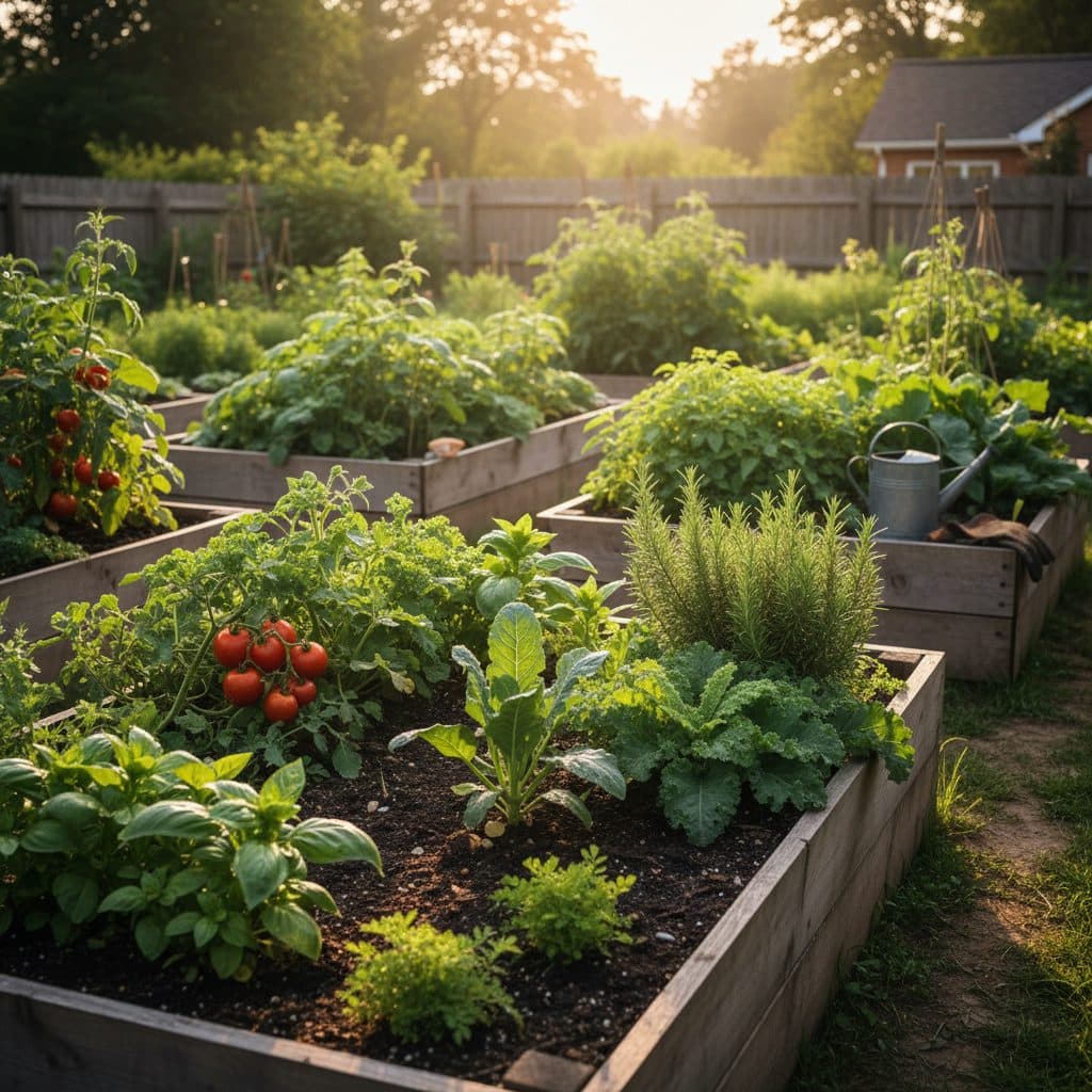 A vibrant US homestead garden in early morning, featuring rows of healthy vegetables, yellow sticky traps hanging near plants, and sections of reflective mulch glinting in the sun, with a garden hose