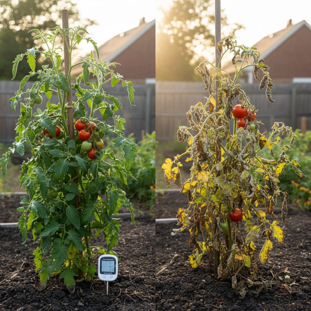A healthy tomato plant contrasting with a diseased one in a US garden, illustrating plant health diagnosis.