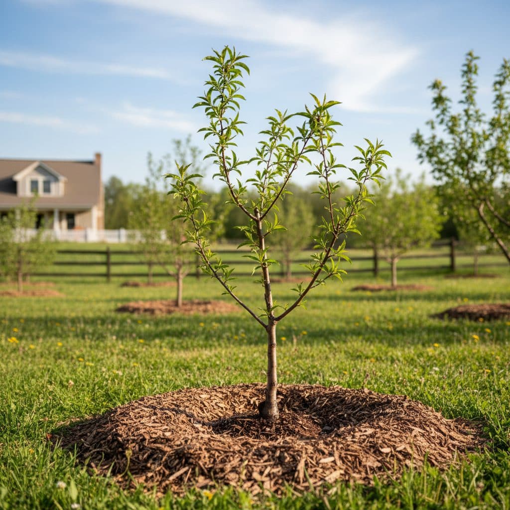 A young fruit tree with its graft union clearly visible above the soil line, surrounded by a mulch ring in a sunny backyard orchard.