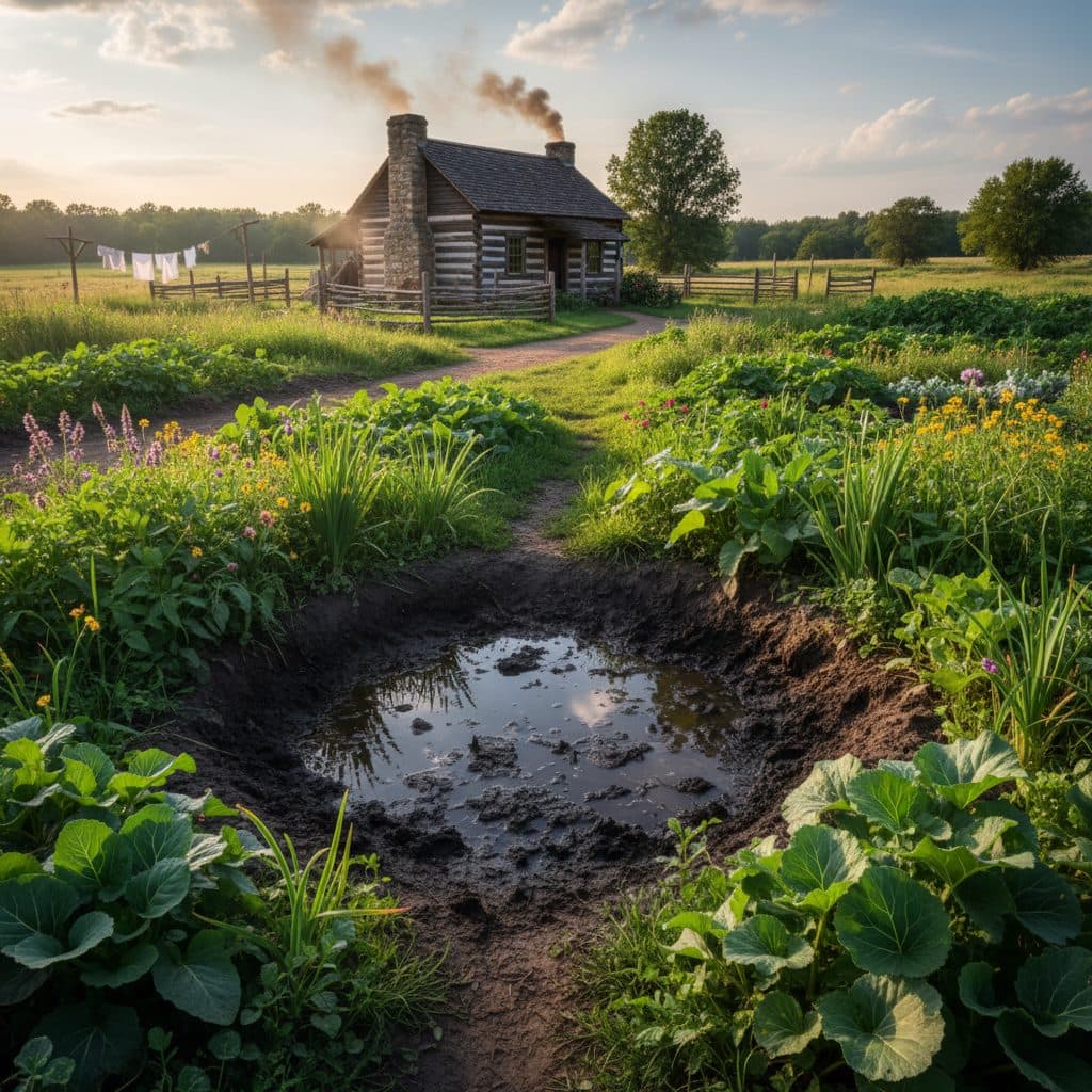 A homestead garden with a visible wet, boggy area, where some plants are thriving near the water's edge.