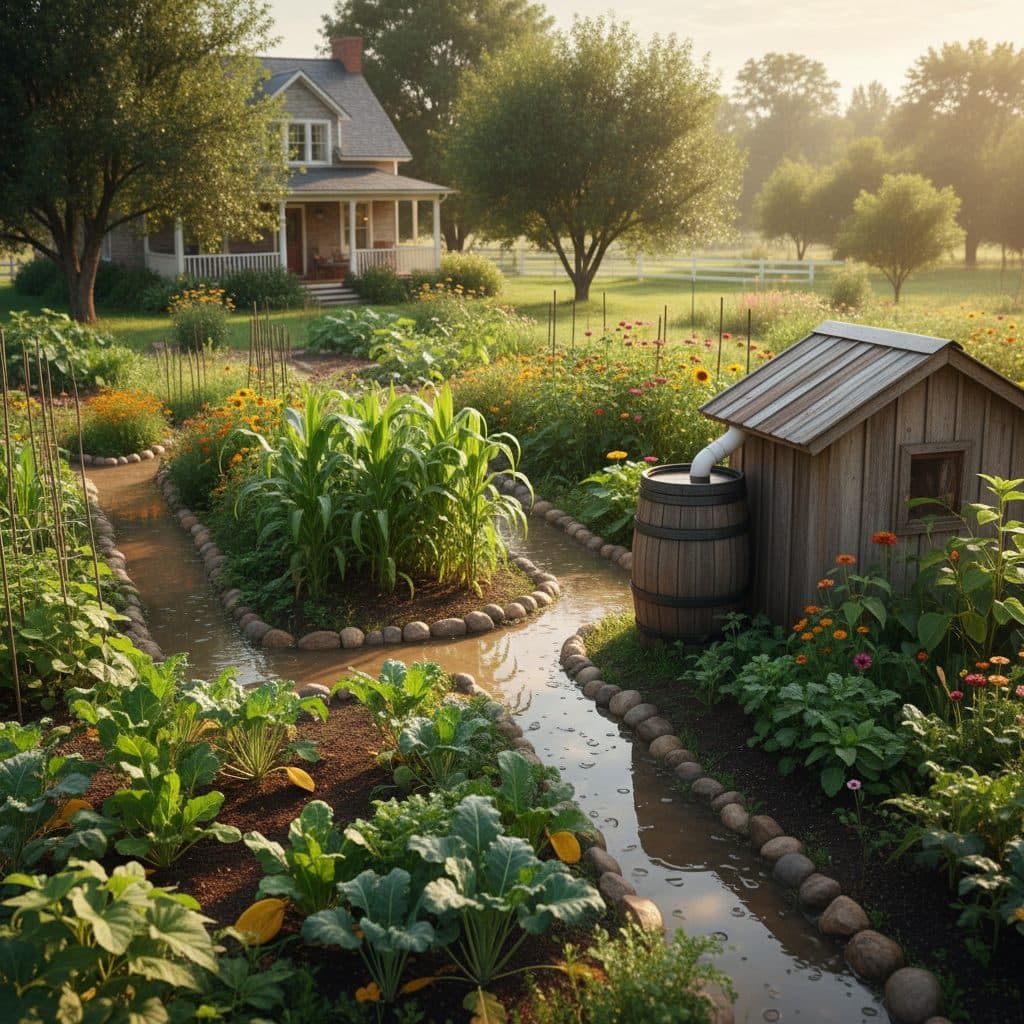 A homestead garden with visible standing water after a rain, but also featuring well-designed raised beds and a small swale, with a rain barrel near a shed.