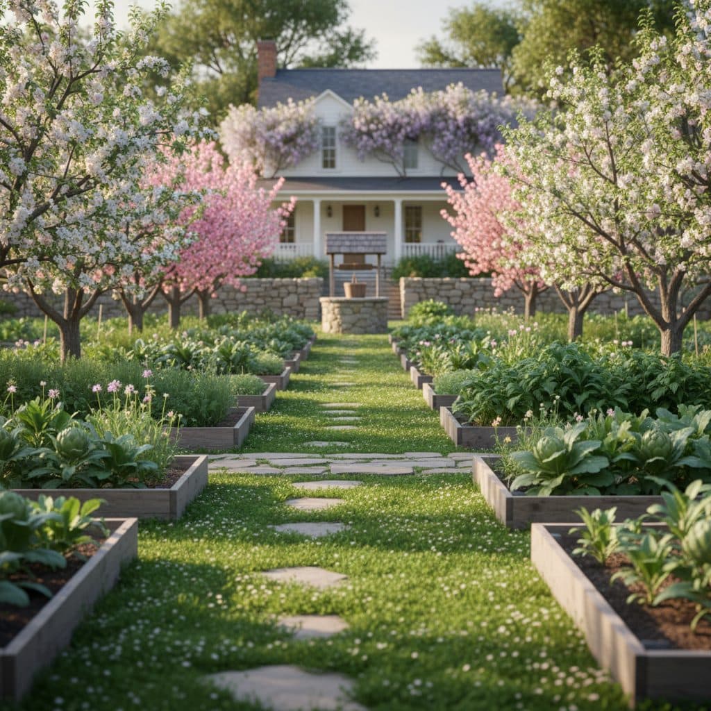 A serene spring homestead orchard scene with young fruit trees and a tidy ground cover.