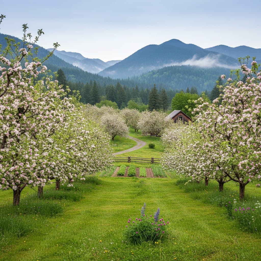 Fruit trees blooming in a Pacific Northwest orchard with misty mountains in the background.