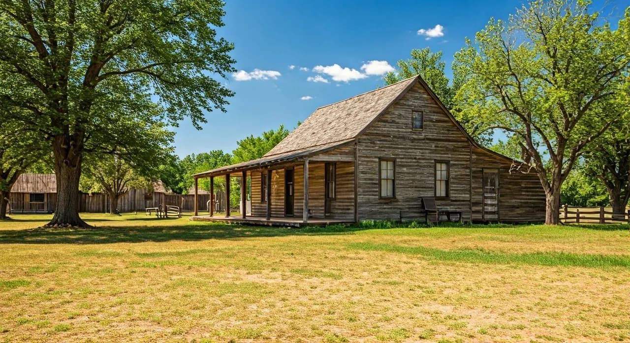 A peaceful US homestead with a rustic barn and a small garden, no people visible.