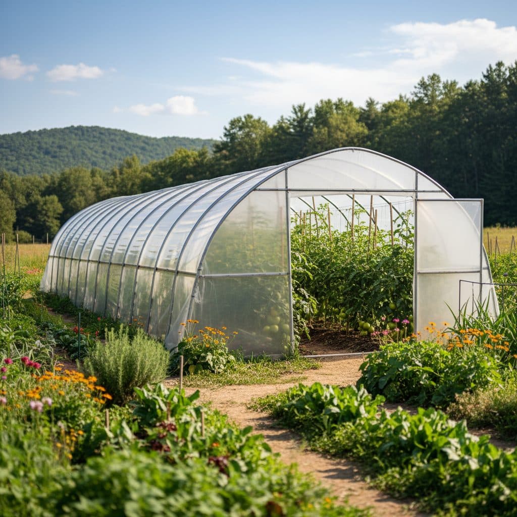 High tunnel greenhouse with rows of healthy tomato plants inside, bathed in natural light