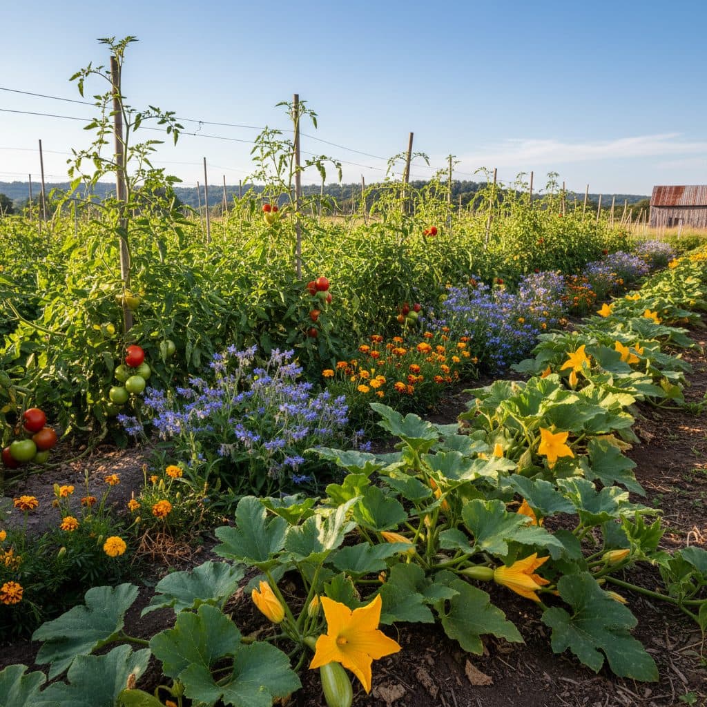 A flourishing homestead garden with tomatoes, squash, borage, and marigolds, attracting pollinators under a clear sky.