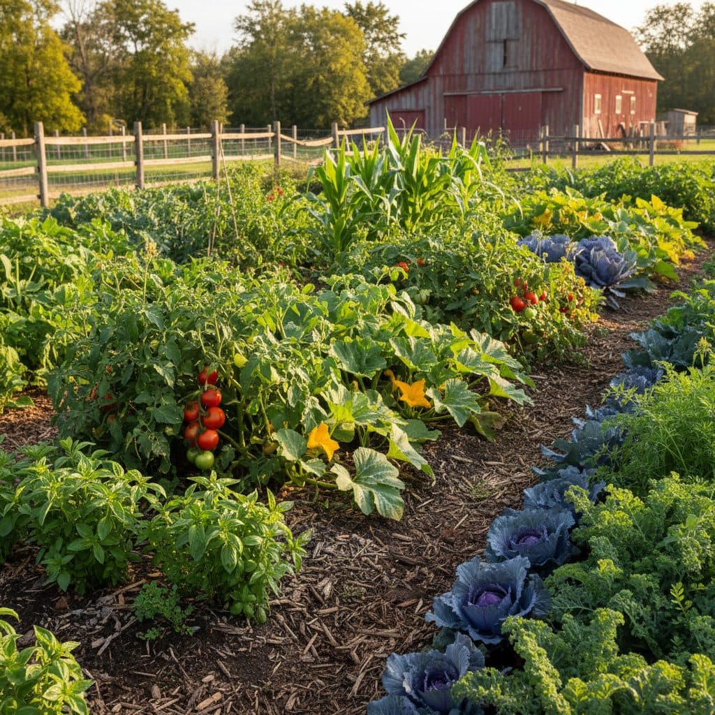 A vibrant polyculture garden with various vegetables and herbs growing together, demonstrating healthy plant life and rich soil.
