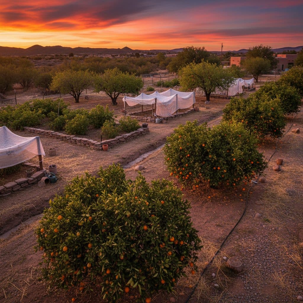 A homestead garden recovering from heat, featuring citrus trees with browned leaves, shaded peach trees, and berry bushes at sunset.