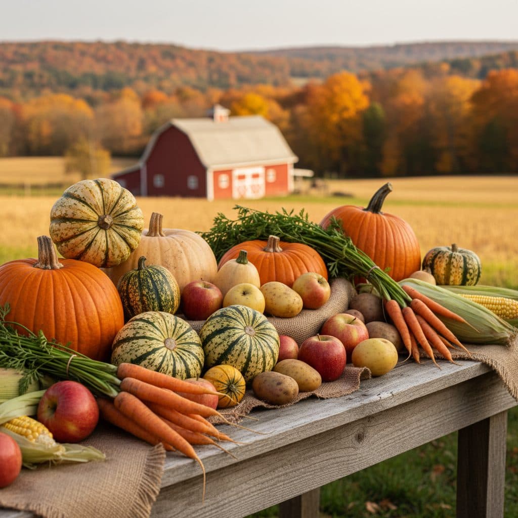 Autumn harvest of vegetables and fruits on a wooden table, ready for preservation