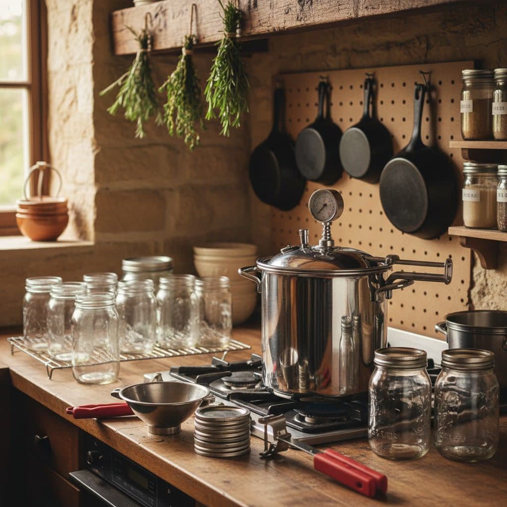 A pressure canner on a stovetop with canning jars and tools ready for use in a clean kitchen.