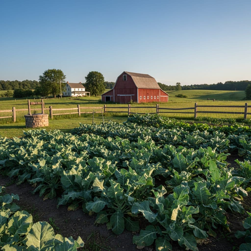 A thriving homestead vegetable garden with rows of healthy, green cauliflower and broccoli plants, no people.