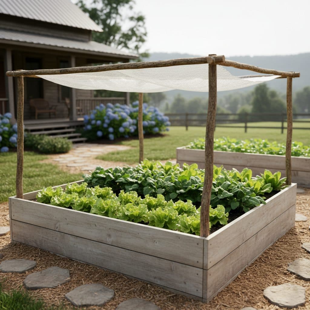 Healthy lettuce and spinach growing in a raised garden bed under partial shade in a summer garden.