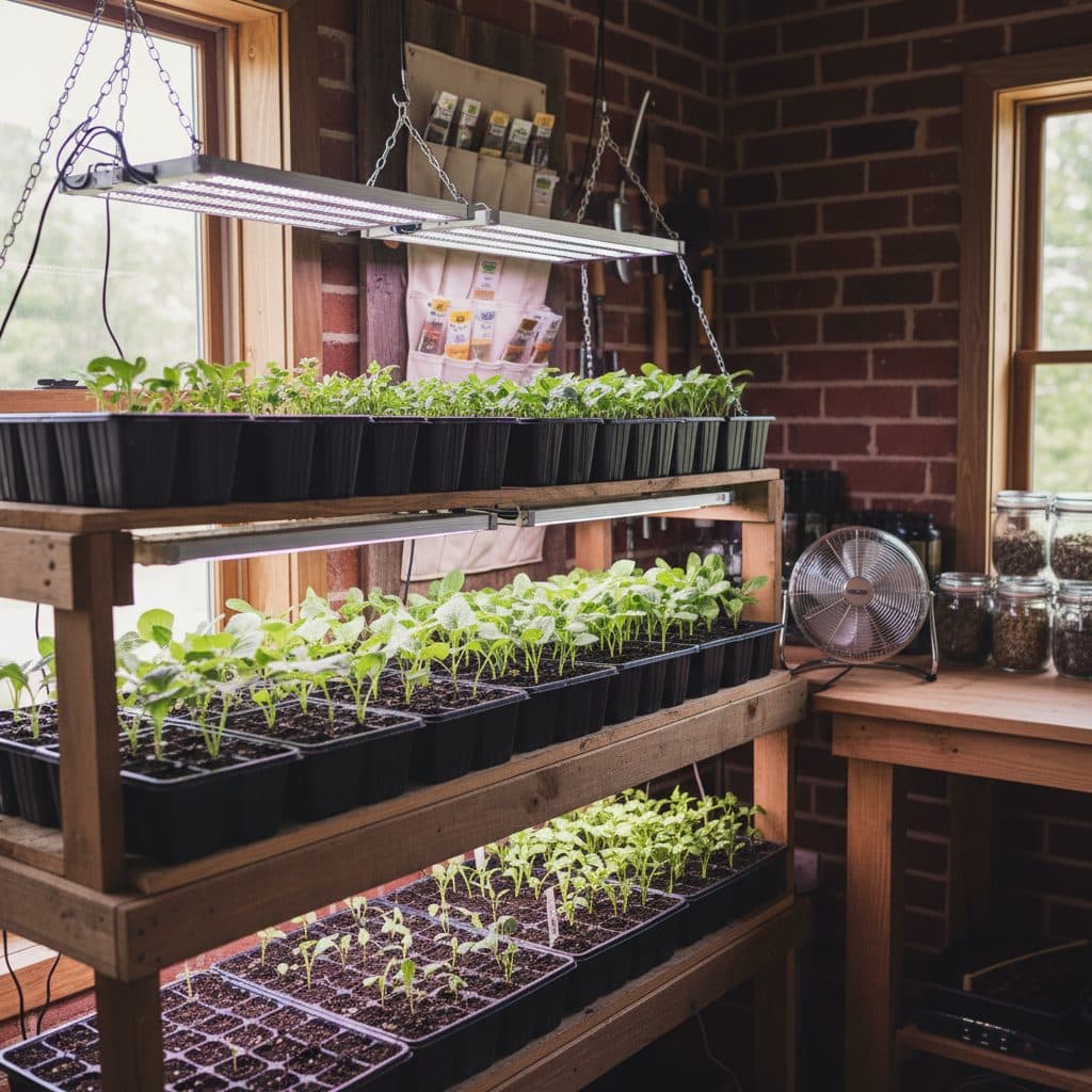 A well-lit indoor seed-starting setup with rows of vibrant green seedlings under LED grow lights, a small fan providing air circulation, and clean white shelving.