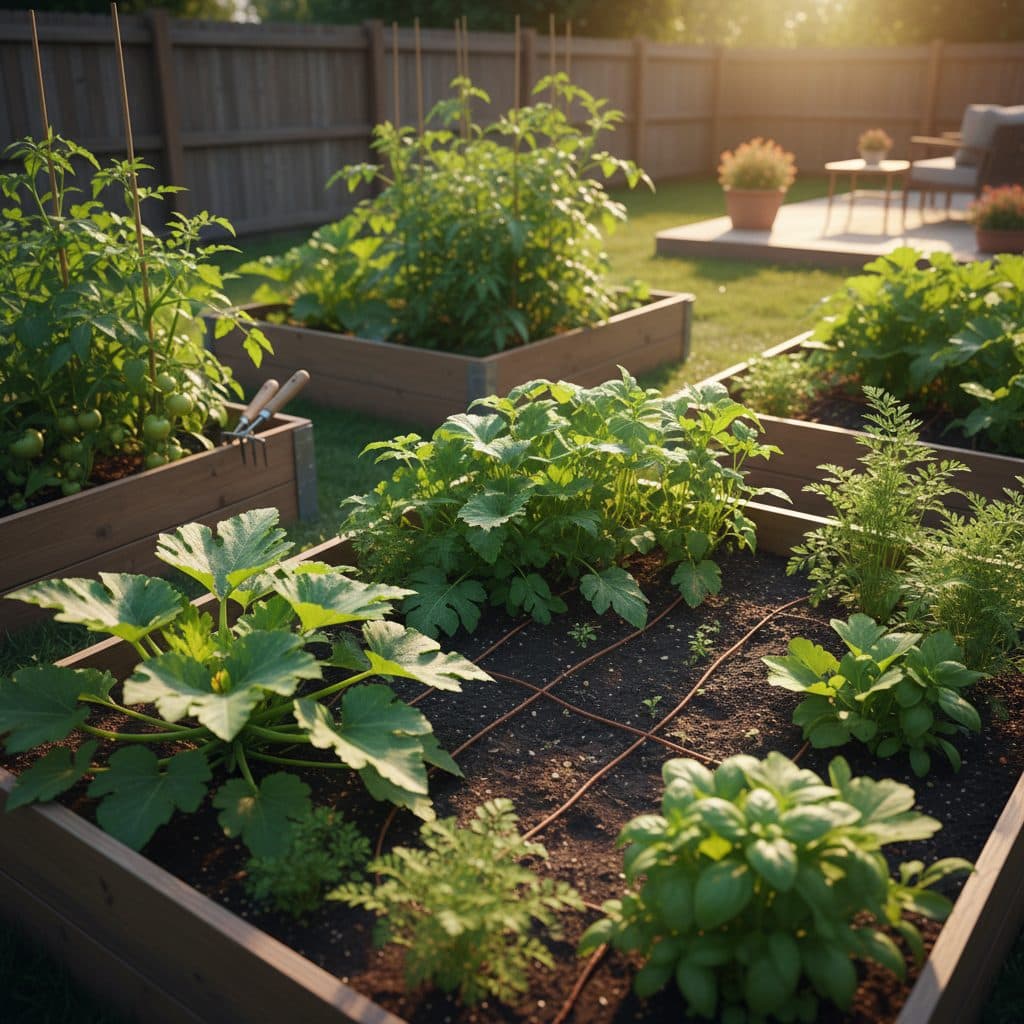 A vibrant, well-maintained vegetable garden with neat rows and thick mulch, bathed in sunlight.