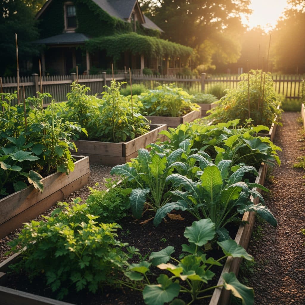 A home garden with young elderberry, currant, and gooseberry bushes thriving in neat rows under morning light.