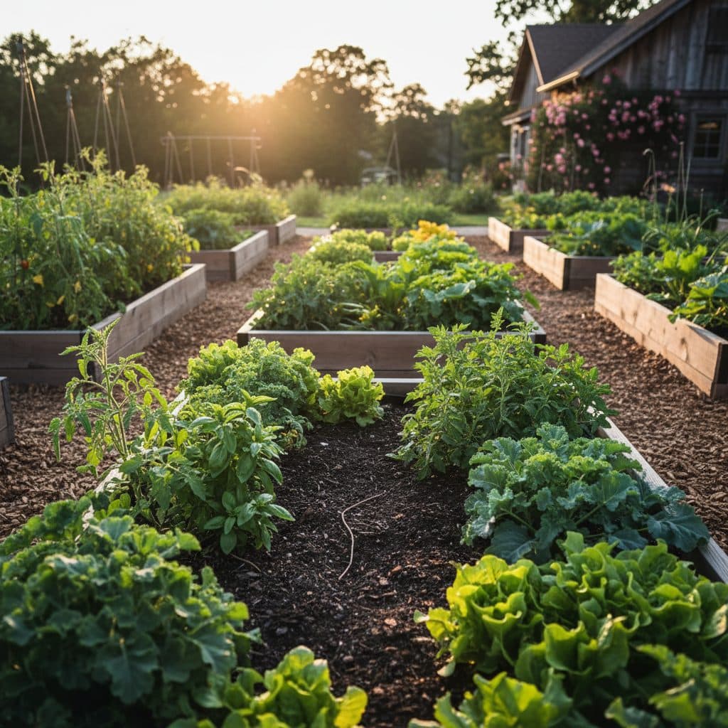 A sun-drenched homestead garden with a variety of plants, some in pots, some in beds, showing lush growth.