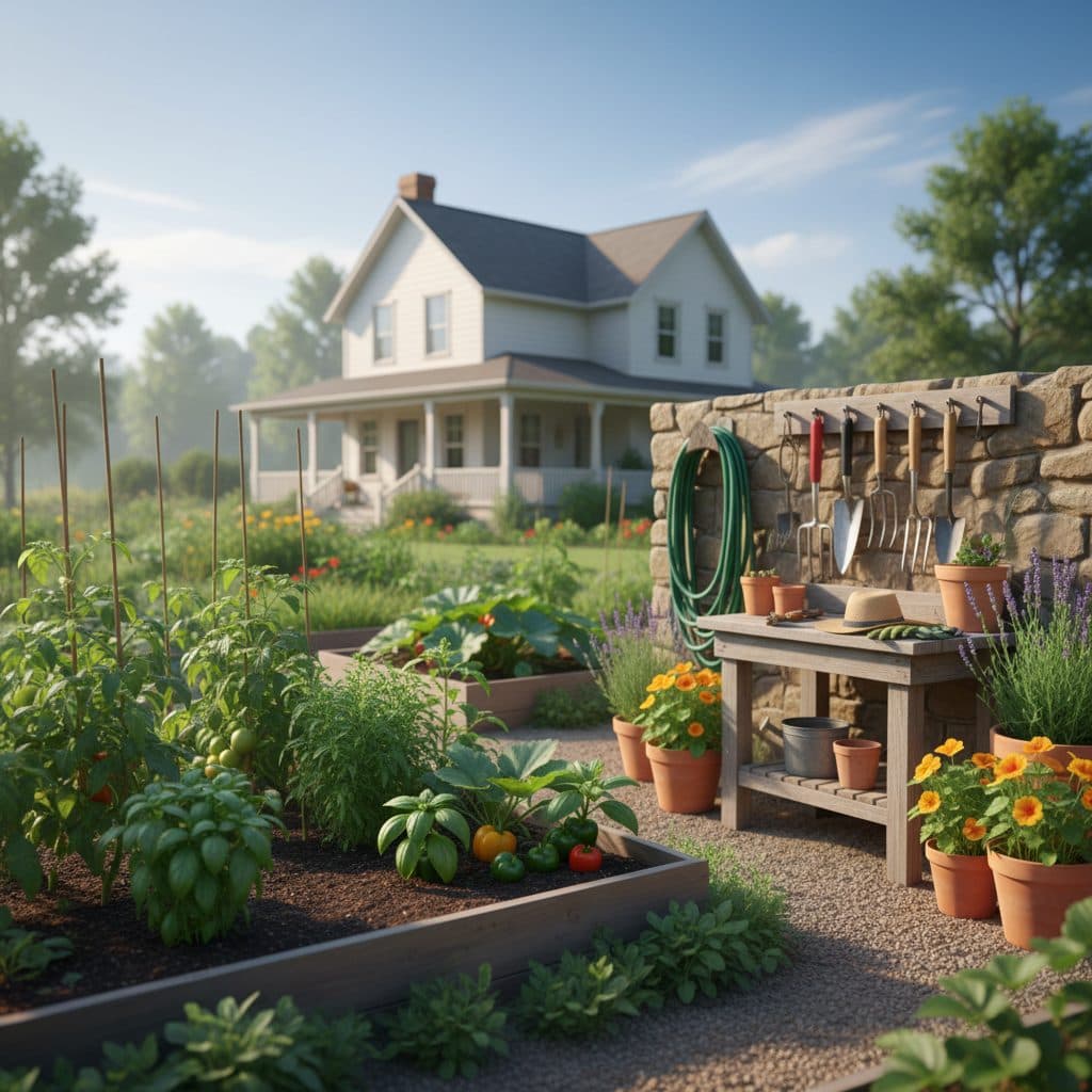 A serene homestead garden in the US with various plants, some in pots ready for propagation, and gardening tools.